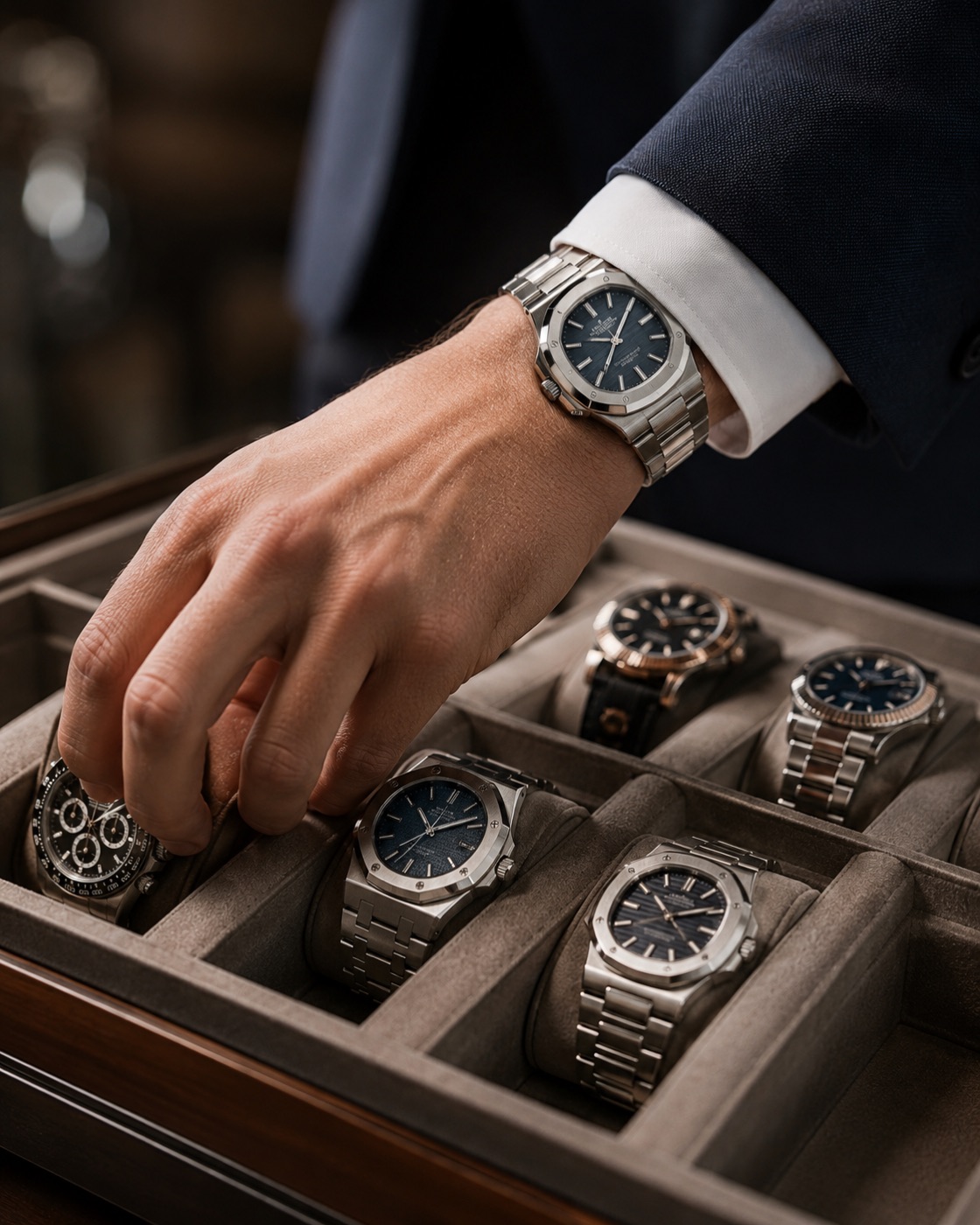 A collector selecting a timepiece from a curated watch case